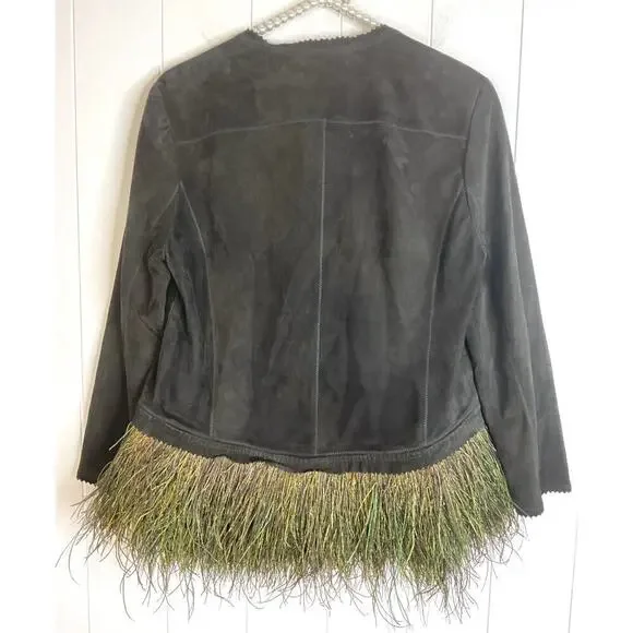 Illia Black Suede Jacket with Ostrich Feather Hem Size 6 NWT - Picture 6 of 8